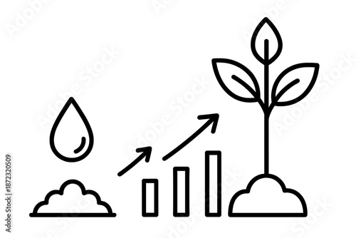 Growth of plants represented by water, soil, and increasing bar graph showing progress in nature and agriculture