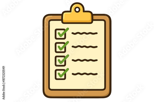 Checklist with green checkmarks for various tasks on a clip board with a simple design and clear layout