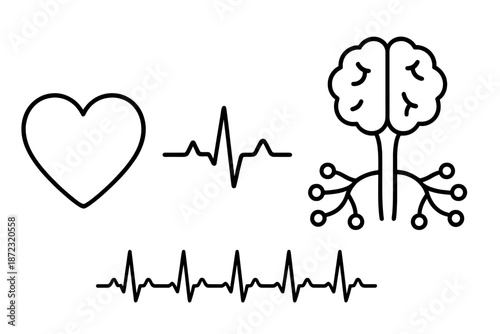 Symbols of health and wellness with heart, brain, and heartbeat lines in a simple design