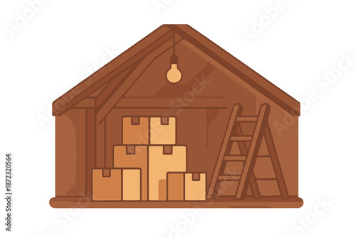 Storage space with boxes and ladder in a wooden shed during daytime