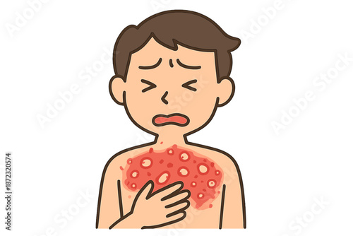 Boy showing skin irritation on chest while holding his hand near his heart