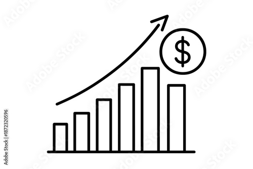 Growth chart showing increasing trends in finance with dollar sign indicating profit over time