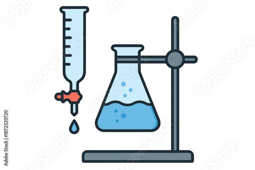 Experiment shows liquid in flask and dropping from pipette during science class in laboratory setting