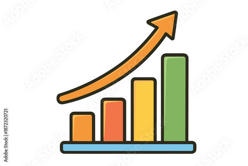 Growth chart displays increasing metrics with bars in various colors moving upward with an arrow pointing to success
