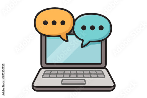 Computer shows chat bubbles with conversations happening on a screen during a digital discussion