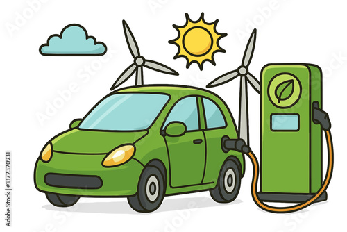 Green car charging at a station powered by renewable energy with wind turbines and sun in the background