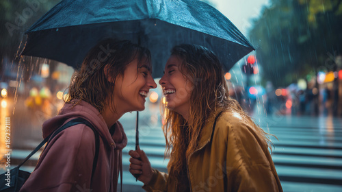 shared umbrella in sudden rainstorm, two strangers shelter together at crosswalk, unexpected human connection in the rain