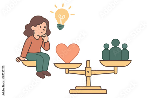 Woman sits on scale pondering choices between love and community in a simple illustration