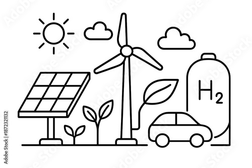 Energy sources and transportation depicted in a simple design with solar panels, wind turbines, and a car