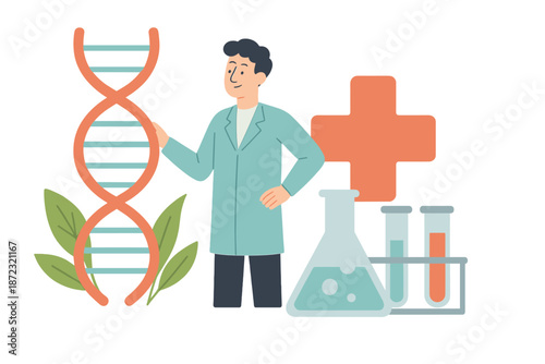Scientist studies DNA structure with laboratory equipment in a research setting during the day