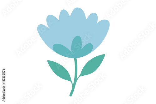 Blue flower with green leaves showing a simple design and clear shape on a white background during daytime