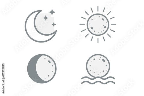 Different phases of the moon and sun with stars in the evening sky and bright sun in the daytime