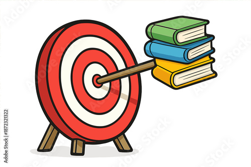 Target with books hitting the bullseye representing education and learning goals