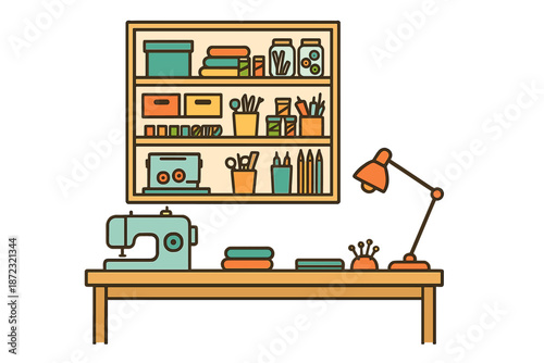 Crafting space with sewing machine and organized supplies on a wooden table