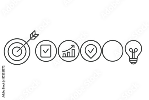 Icons representing goals, progress tracking, and idea generation in a simple design style used for business presentations