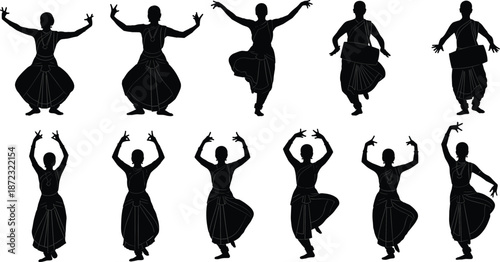 Set of Indian Classical Bharatanatyam and Kuchipudi Dancer Silhouettes Performing Traditional Poses and Mudras with Musical Instruments on White Background