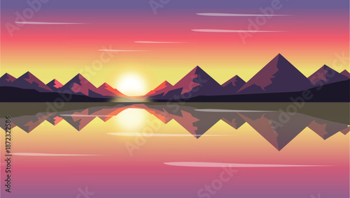 Pixelated sunset landscape with silhouetted mountains and a reflective water surface