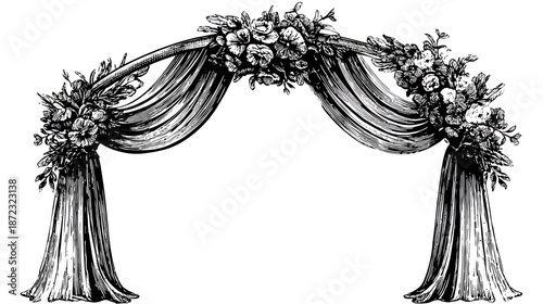Elegant Vintage Wedding Arch Illustration with Draped Fabric and Floral Bouquets, Classic Decorative Black and White Design Element