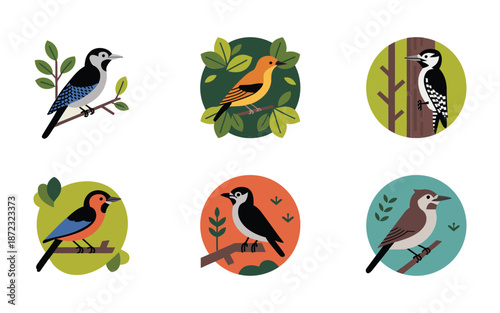 Backyard bird badge icons, robin and woodpecker portraits, citizen science event, backyard bird count session, garden festival signage, nature education