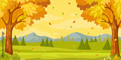 Autumn landscape with falling leaves mountains and lush green meadows