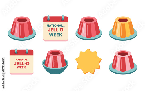 Gelatin dessert festival icons, jelly molds, event calendar sign, pudding shapes, sweet treat labels, bakery celebration, summer party vector