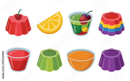 Rainbow gelatin dessert icons with fruit slice, cherry, sweet cups, colorful layers, jello mold, party decoration and confections clipart