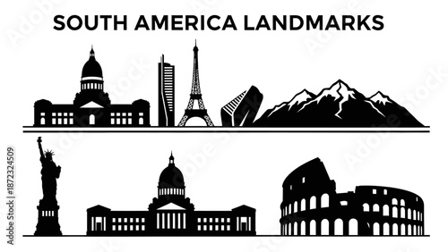 Diverse global landmarks and natural features presented as silhouettes under a specific continental theme