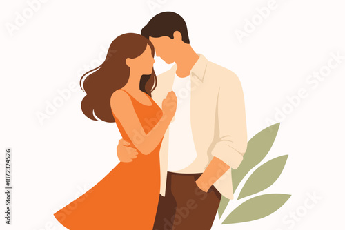 Warm Romantic Couple Hugging with Botanical Elements Illustration