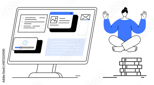Work-life balance, digital focus, meditation, stress relief, productivity, relaxation. A person meditates near a computer showing multiple interface elements. Work-life balance and digital focus