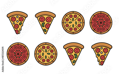 Pizzeria celebration set, classic round pizzas and big slices, mozzarella pepperoni mushrooms, party night graphic, fast casual dining vector