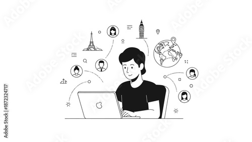 Flat line illustration of a young man working on a laptop, connecting with people and landmarks globally. Concept of digital nomad, remote work, global communication, and social networking
