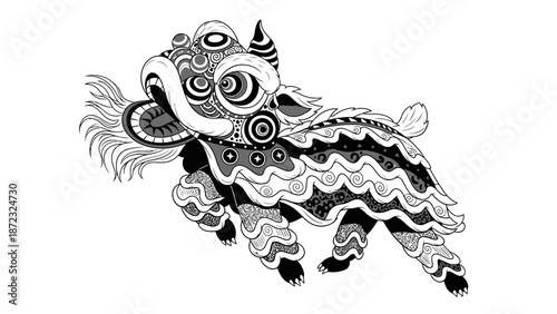 Intricate black and white illustration of a traditional Chinese Lion Dance (Barongsai). Detailed zentangle and mandala patterns on a jumping lion, perfect for Chinese New Year themes and cultural.