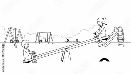 Kids playing on a seesaw at the playground line art illustration.