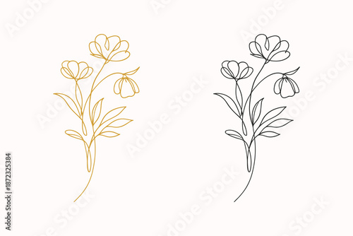 Modern Abstract Floral Illustration in Gold and Black Outline