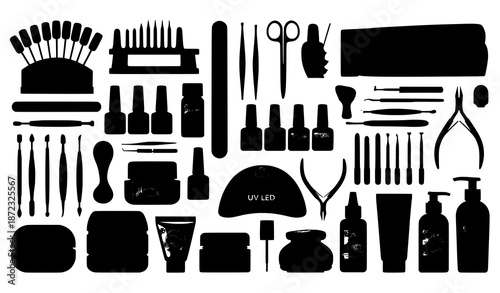Manicure salon tools big set nail extension gel acrylic vector