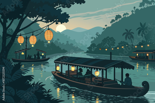 Rainforest Riverboat Floating Market Dusk Realist (1)