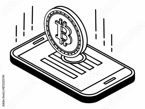 Isometric Bitcoin Coin on Smartphone Screen, Black and White