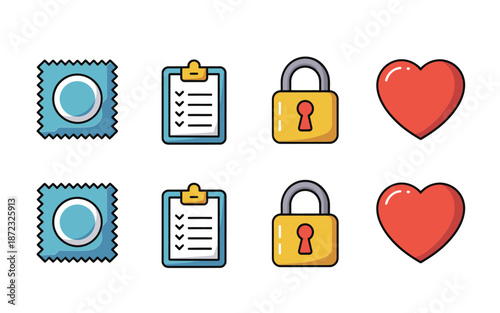 Data privacy awareness icons set, secure stamp, clipboard checklist, locked padlock, heart consent badge, cyber safety campaign, event graphics