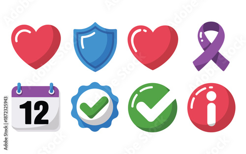 Health awareness event icons, heart symbol, protective shield, ribbon support, calendar date, checklist ticks, information badge, community campaign graphics