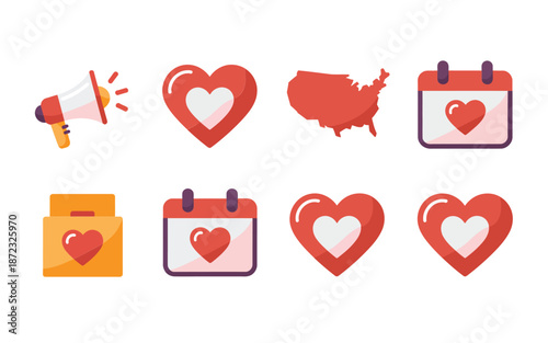 Heart month campaign icons, megaphone message, love hearts, calendar reminder, map badge, support symbols, community fundraising event set
