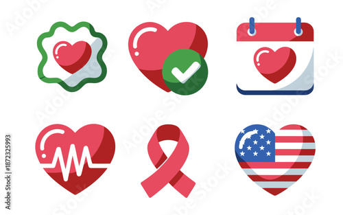 Heart disease prevention campaign icons, healthy heart badge, green check mark, calendar schedule, pulse line, awareness ribbon, wellness event graphics