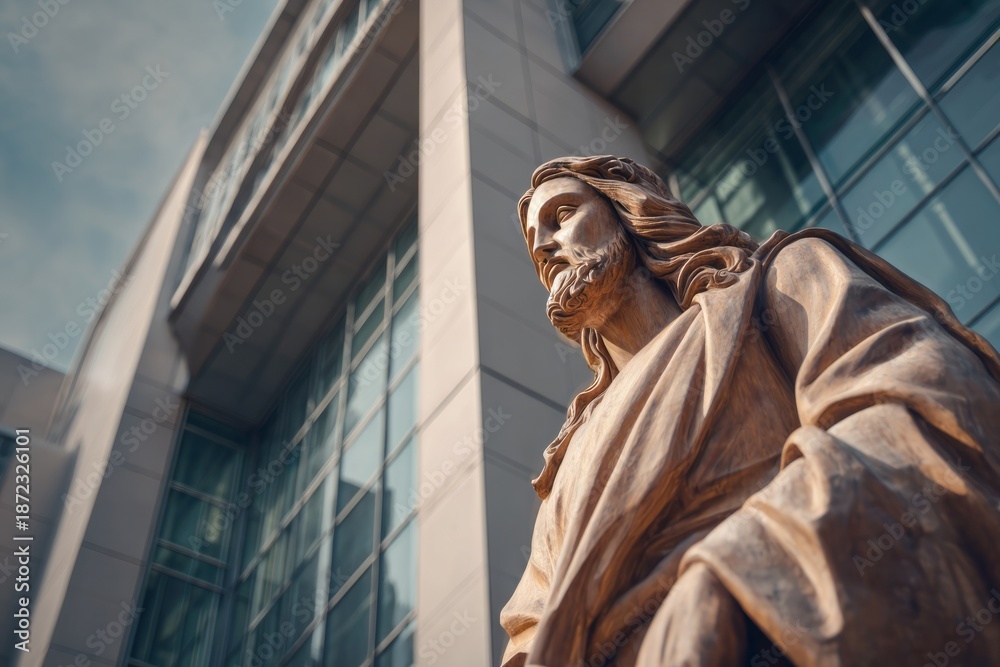 Fototapeta premium Religious statue of a figure with a beard stands before a modern building.