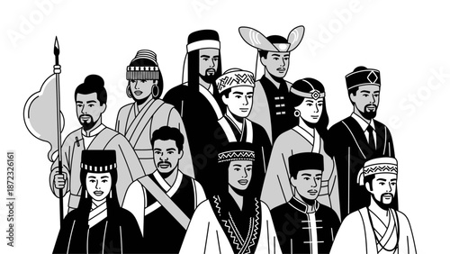 Diverse Group of Asian Indigenous People in Traditional Attire Illustration