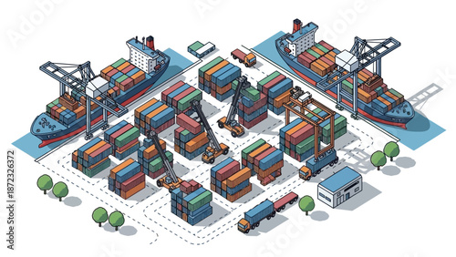 Isometric illustration of a busy shipping port with container ships, cranes, and stacked cargo containers.