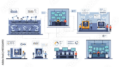 Modern automated factory with robotic arms, control rooms, and advanced manufacturing equipment.