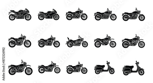 A collection of black silhouette motorcycles arranged in a grid pattern