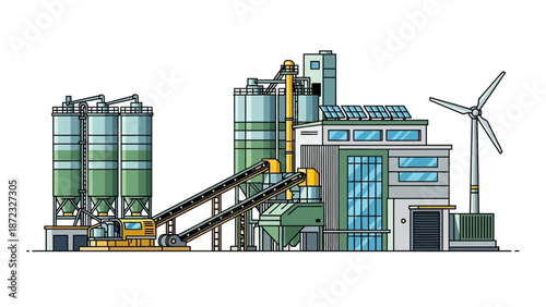 A detailed illustration of a modern industrial facility featuring silos, conveyor belts, a wind turbine, and solar panels, representing sustainable energy and manufacturing.