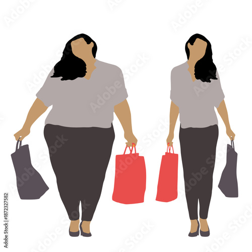 Conceptual fat overweight obese female vs slim fit healthy body after weight loss or diet on white background. A  fitness, nutrition or obesity, health shape illustration vector as silhouettes