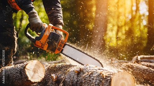 A person using a chainsaw to cut a tree in a forest. The activity concept of woodwork and forestry is depicted.
