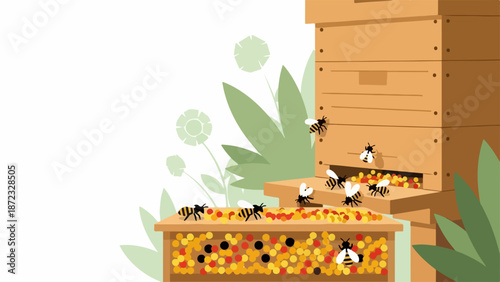 Bees pollen beehive with many active insects diligently collecting vibrant grains. Busy bees flying around traditional wooden apiary, bringing pollen to nest.